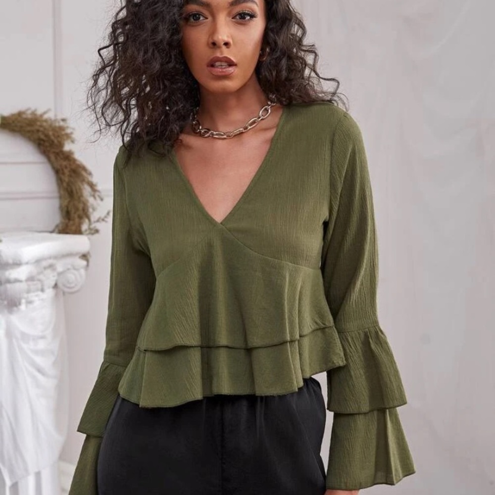 - Tiered olive green bell sleeve top